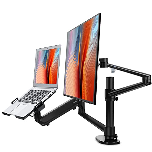 viozon Monitor and Laptop Mount, 2-in-1 Adjustable Double Monitor Arm Desk Stand, Single Gas Spring Arm with Laptop Compartment for 12-17 Inch Laptop, Single Arm Stand/Holder for 17-32 Inch Monitors