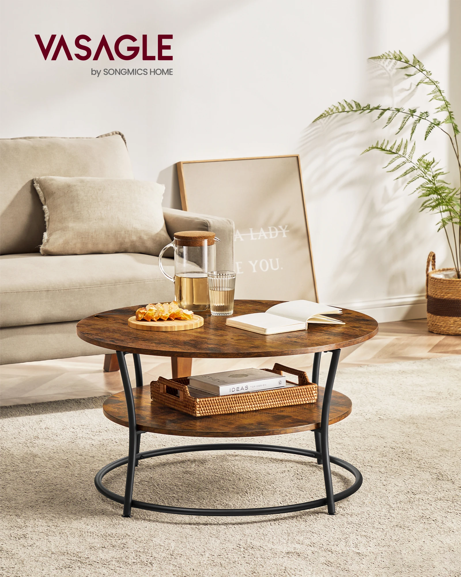 VASAGLE Couchtisch rund, Wohnzimmertisch, Sofatisch mit Ablage, einfacher Aufbau, Metall, Industrie-Design Image