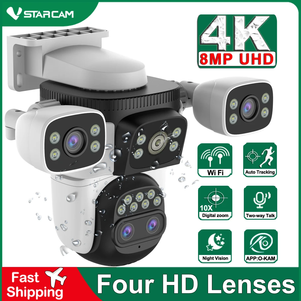 Vstarcam 4K HD 8MP 4-Objektiv PTZ-Kamera Vollfarb-Nachtsicht Outdoor 2,4G Wifi Zwei-Wege-Audioüberwachung Heimsicherheitskameras Image