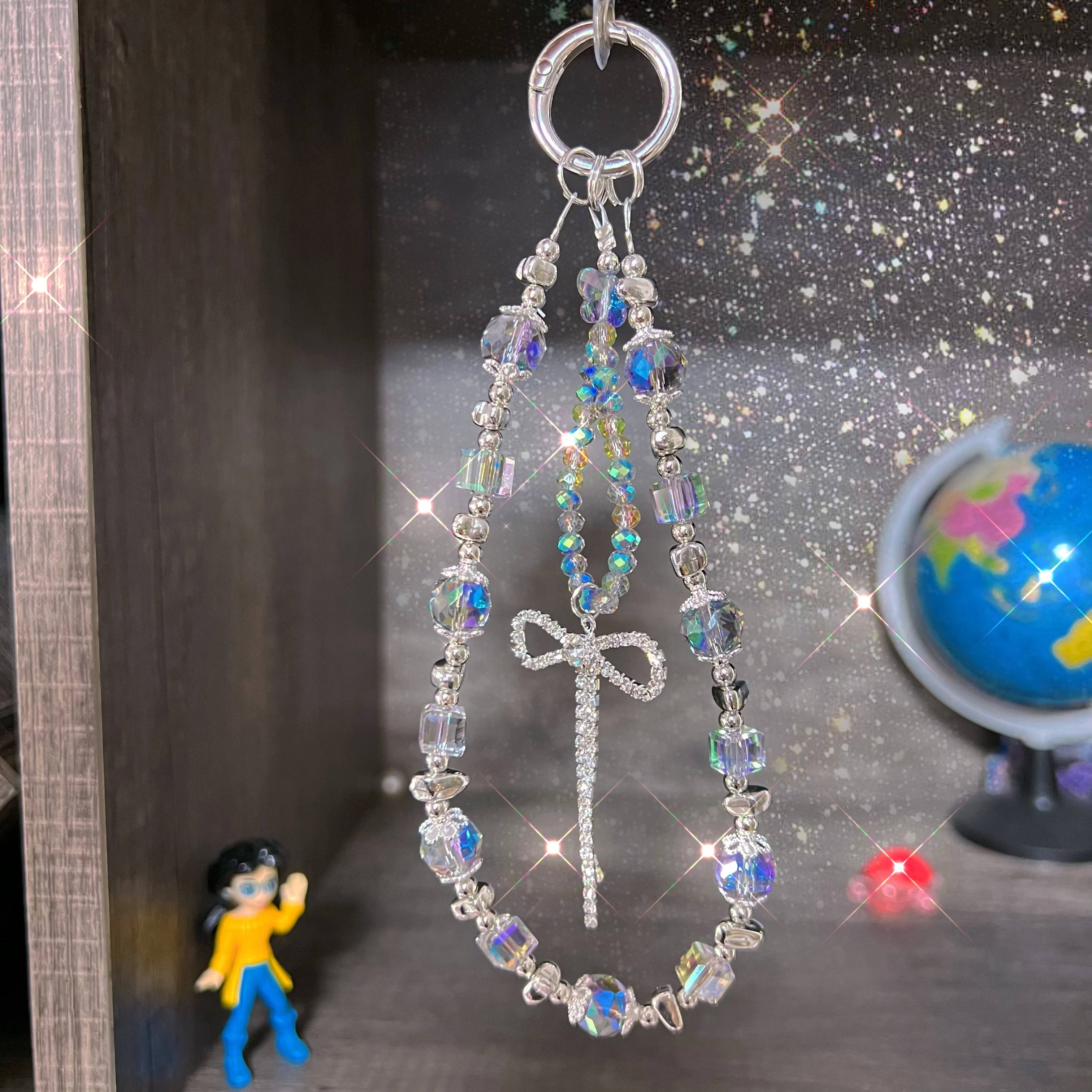 Doppelkette Kristall Würfel Diamant Schleife Armband Tasche Anhänger für Handy Lanyard Schlüsselanhänger Outdoor Reisekette Image