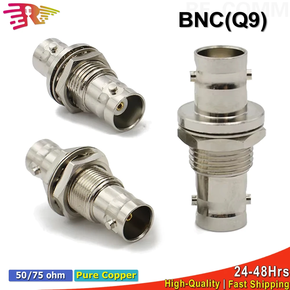 Q9 BNC-Adapter, doppelte BNC-Buchse auf BNC-Buchse, Unterlegscheibe, Mutter, HF-Koax-Adapter, 50 Ohm, schnelle Lieferung, Kupfer, Messing Image
