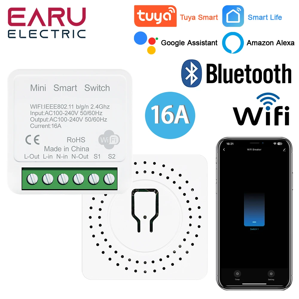 Tuya App 16A 2-Wege DIY Mini WiFi Smart Switch Breaker Modul Timer Relais Stimme Drahtlose Fernbedienung für Alexa Google Hause Image