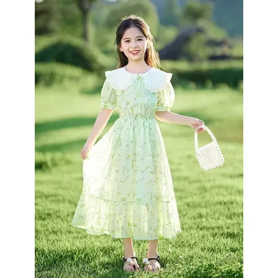 Teenager Mädchen Sommer Kleider Big Kid Peter Pan Kragen kurzarm Floral Prinzessin Kleid kinder Image