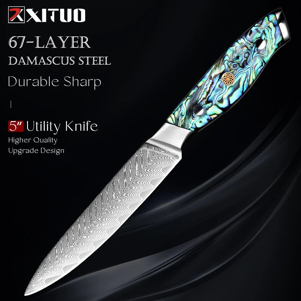 Küchen-Allzweckmesser, 12,7 cm, Damaststahl, japanisches VG10, kleines Kochmesser, vielseitiges Messer für Gemüse, Obst, Fleisch, Full Tang