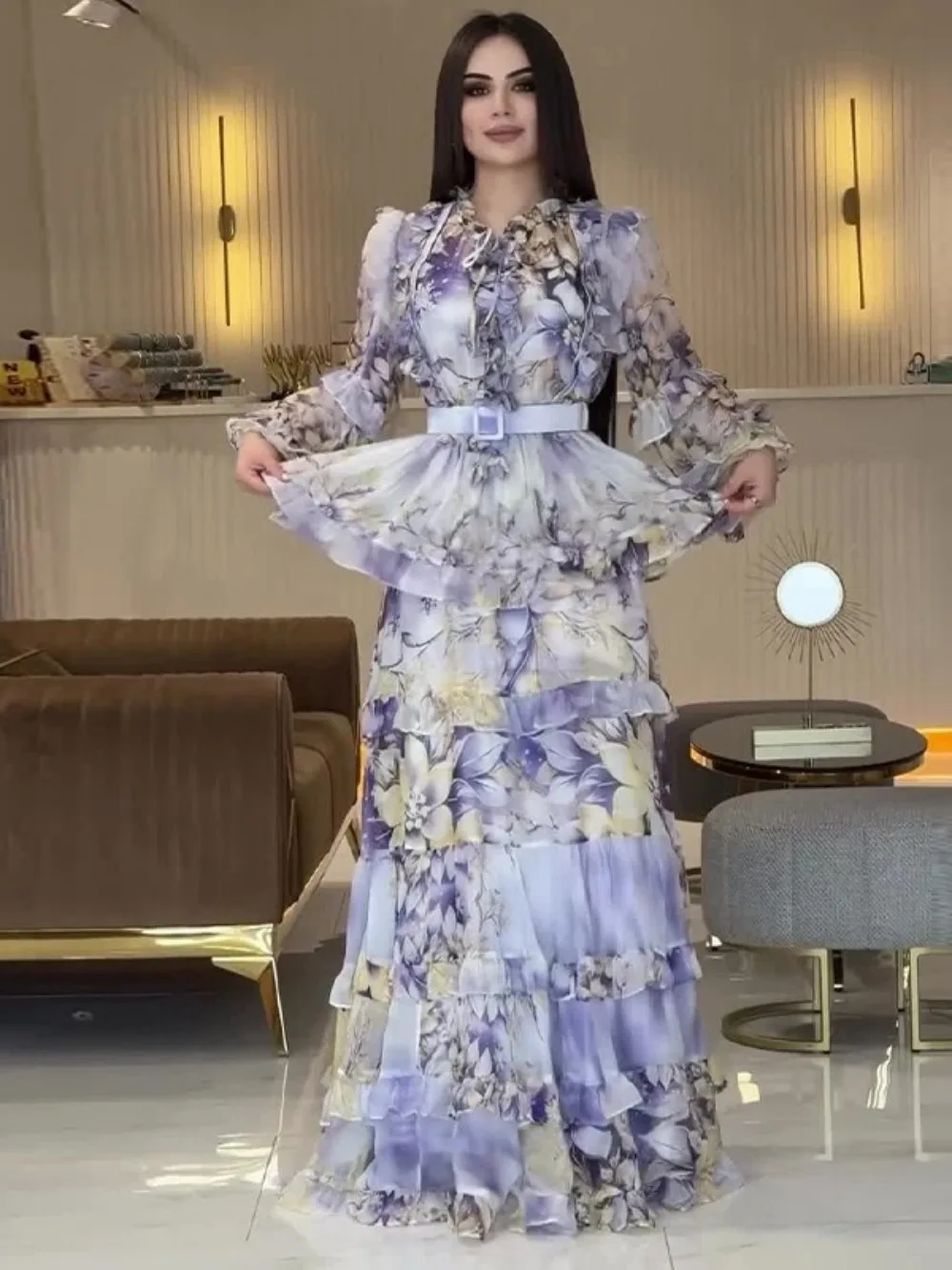 Eid Vestito Da Partito Delle Donne Abaya Musulmano Volant Stampa Jalabiya Ramadan Dolce Abiti Lunghi Abiti Largos Caftano Arabo Lungo Veste 2025
