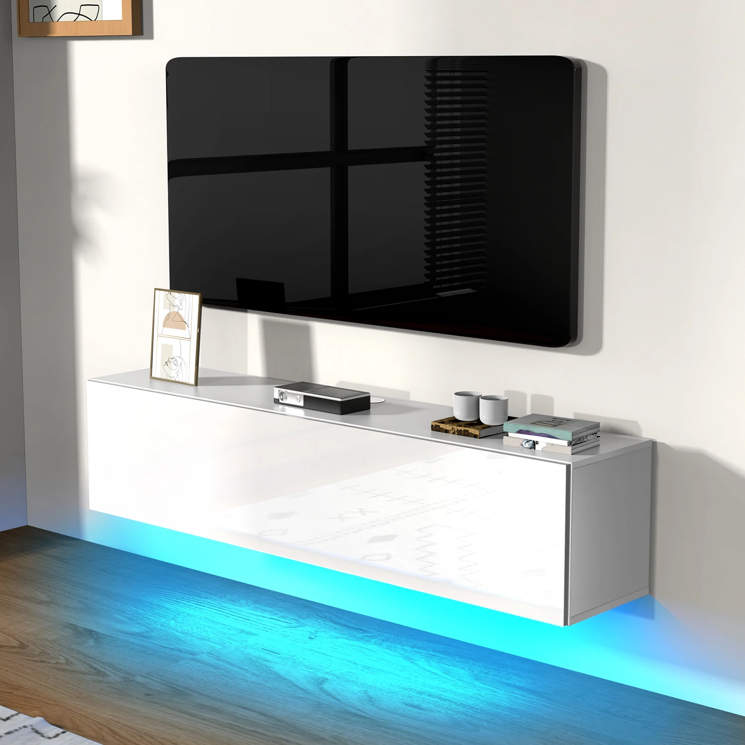 Meuble TV flottant, étagères TV murales avec porte, console multimédia TV, meuble TV flottant, grand banc TV de rangement sous TV