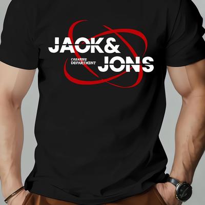 "TEMU Men's "&jons" Graphic T-shirt - Lightweight Loose Fit Tee With Red Accent Design, Black Shirt For Gym, Everyday & Home - Machine Washable Casual Top" Image