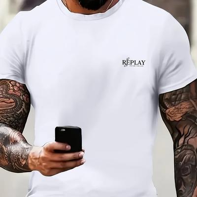 TEMU New Men's Casual Short Sleeve T-shirt - Black Round Neck Golden Logo Print, Regular Fit Smooth Texture, Machine Washable Summer Outdoor Casual Wear, New T Shirt, Quality Graphic Tee Image