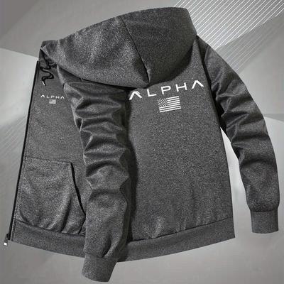 TEMU Men's Alpha Graphic Print Hooded Jacket - Slim Fit Zip-up Casual Coat With American , Light Grey Autumn/winter Outerwear, Machine Washable, Sleek Fabric Design Image