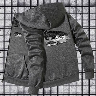 TEMU Men's Vintage Car Print Hooded Jacket - Slim Fit, Casual Fall/winter Outerwear With Zipper Pockets, Black Retro Style Image