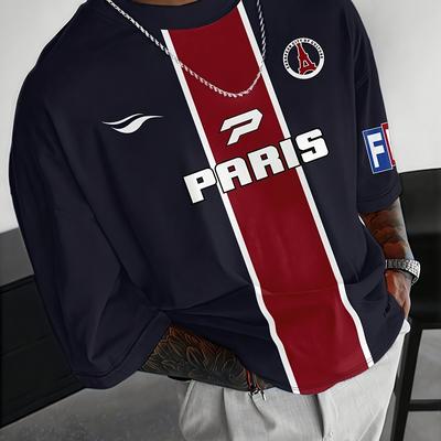 TEMU Men's Fashionable Paris Fc Soccer Jersey - White With Stripes, Casual Crew Neck T-shirt For Parties & Home, Casual Summer Wear, Party Attire | Sporty Casualwear | , Soccer Jersey Image