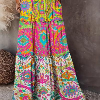 TEMU Women's Vibrant Maxi Skirt - Loose Fit, Colorful Floral Pattern, Holiday & Travel, Travel Attire|vibrant Skirt|drawstring Detail, Maxi Skirt Image