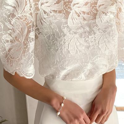 TEMU Elegant Floral Lace Blouse With Puff Sleeves - White Embroidered Top For Spring/summer/fall, Weddings Or Formal Events, Formal Attire | Floral Embroidery | Intricate Lace, Lace Blouses Image