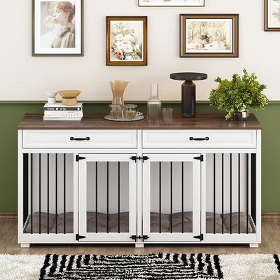 "TEMU Elegant White Wooden Dog Crate With Dual Drawers - Heavy-duty Indoor Pet House & Storage Cabinet, Black Accents (23.2" W .6" D X 31.9" H)" Image