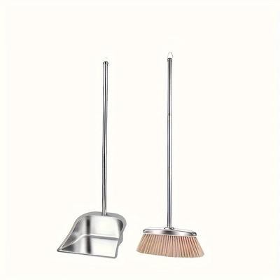 TEMU Stainless Steel Dustpan And Broom Set, Extendable Handle, Durable , Angled Edge For Corner Cleaning, Suitable For Living Room, Bedroom, Kitchen, And Floor Sweeping Image
