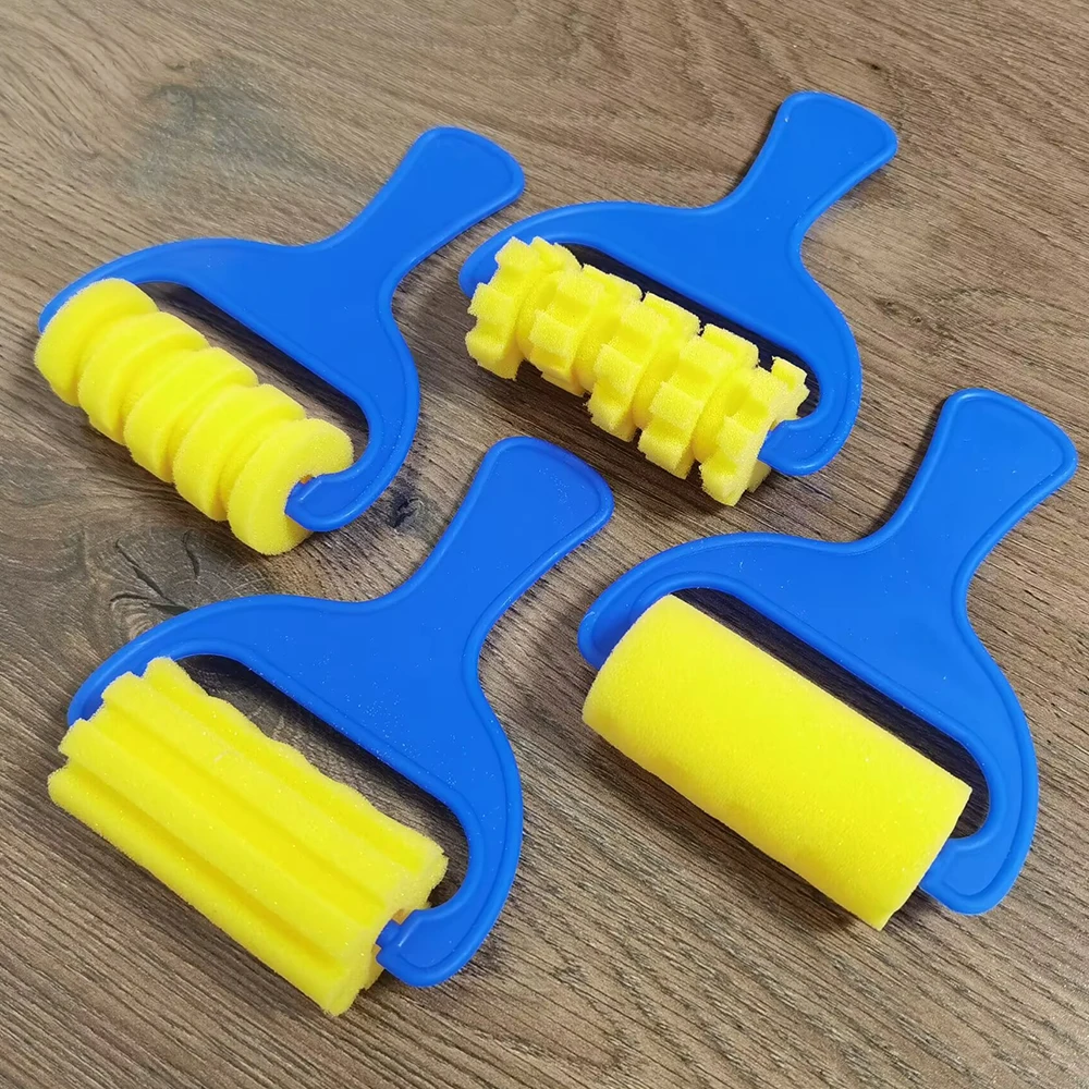 4 teile/satz Kunststoff Griff Gelb Schwamm Push Lernen Student Zeichnung Werkzeuge Kunst Liefert Pinsel Roller Graffiti Schwamm Pinsel Image