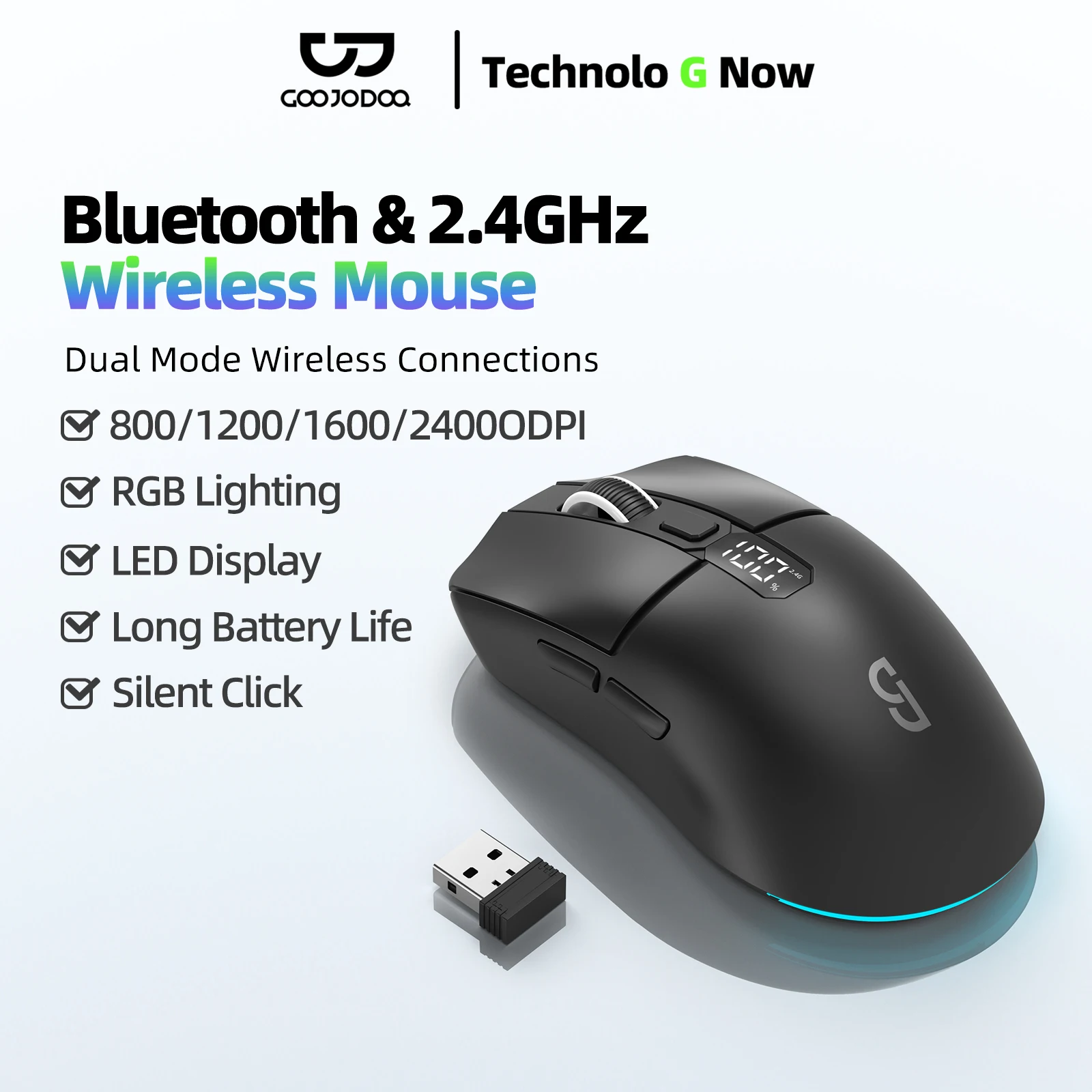 2,4 G kabellose Gaming-Maus, intelligente Bildschirmanzeige, 4-Gang-DPI-Anpassung, 600 mAh, wiederaufladbar, leise Büro-Bluetooth-Maus Image