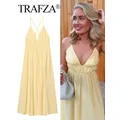 TRAFZA décontracté femmes robe d'été col en v dos nu robes mi-longues amples vacances plage Style Chic élégant Sexy femme robe jaune