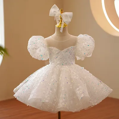 Weißes 2025, Sommer-Pailletten-Blumenmädchen-Hochzeitskleid, Prinzessin, Ballkleid für Geburtstag, Image
