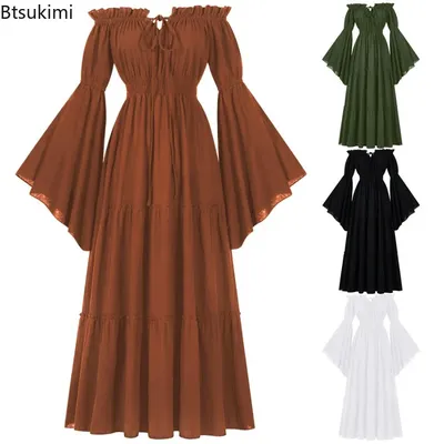 Damen Renaissance irisches Kleid, schulterfrei, mittelalterliches Bauernkleid, Piratenkostüm, Dirne, Retro-Kleid, gesmokte Taille, Maxi-langes Kleid Image