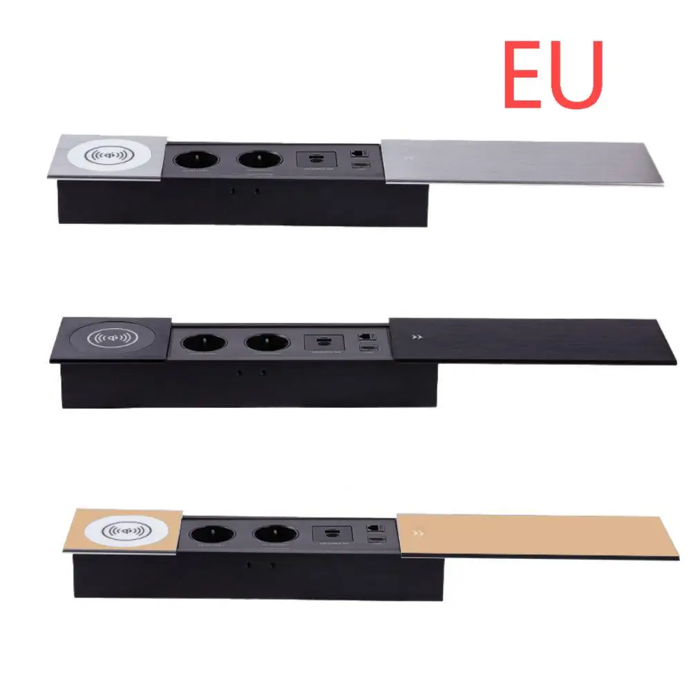 MANLEIKE Tisch versteckte Steckdose eingebettete Steckdose Büro Schiebeabdeckung Desktop-Steckdose mit kabelloser Aufladung, USB, Typ-C, Netzwerk, HDMI Image