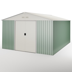 Hoggar - Metall Gartenhaus 15,5 m² Anjala – 4 Entlüftungsgitter gegen Kondensation – Grün und Beige - Doppelschiebetür – Satteldach - Metallgerätehaus Image
