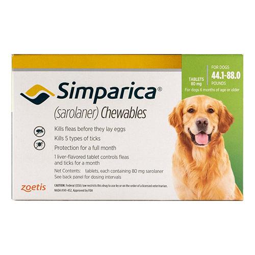 Simparica Oral Floh- & Zeckenschutzmittel für Hunde 44.1-88 Lbs (Grün) 6 Dosen