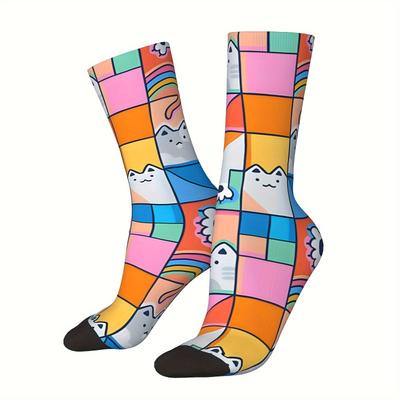 TEMU Fun & Vibrant Kitty Cats Socks, Seamless, Mid-calf Novelty Crew Socks For Fitness & Training Image