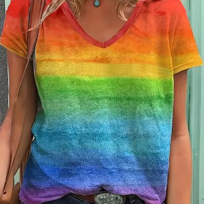 TEMU Women' Stripes Casual V-neck T-shirt - Relaxed Fit Short Sleeve Top With Vibrant Gradient Print, Machine Washable & Medium Stretch For Casual Attire, Apparel | Rainbow Stripe Shirt | Image