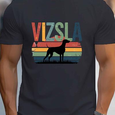 TEMU Men's Dog Sunset Print T-shirt, Casual Crew Neck Short Sleeve Tee, 100% Polyester Knit Fabric, Stretch, Regular Fit, Summer Geometric Pattern Top - 150gsm Image
