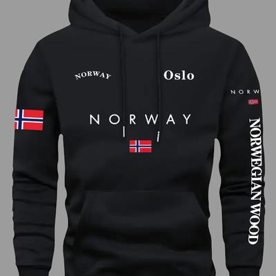 TEMU Kourrter Men's Norway Flag Graphic Hooded Sweatshirt - Royal Blue Relaxed Fit Pullover With Front Pocket, Machine Washable Autumn Winter Casual Wear, Geometric Pattern, Durable Fabric Image