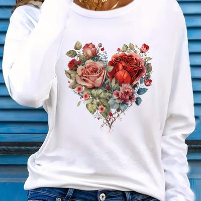 TEMU Women's Floral Heart Applique Long Sleeve T-shirt, Casual Crew Neck Knit Top, 100% Polyester, Fashion, 180gsm - Blue Image