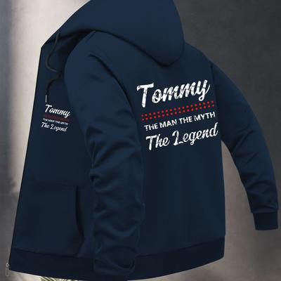 "TEMU Men' Black Hooded Jacket With "" Print - Casual Zip-up Polyester Coat, Regular Fit, Front Pockets, Casual Outerwear|hooded Jacket|zippered Jacket" Image