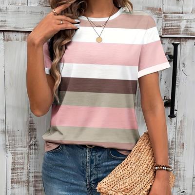 TEMU Women's Casual Round Neck Striped Short Sleeve Printed T-shirt Image
