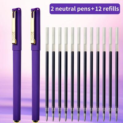 TEMU Wqn 2 Pens + 12 Refills High Quality Matte Purple Gel Pen 0.7mm Refills Writing Large Capacity Continuous Ink Daily Use Refillable Refill Set School Supplies Back To Image