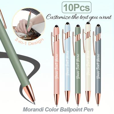 TEMU 10pcs Customizable Morandi Color Metal Ballpoint Pens, Suitable For Business And Special Occasions, Ideal Graduation Gift, 2 In 1 Design, Medium Point, Black Ink, Smooth Writing Image