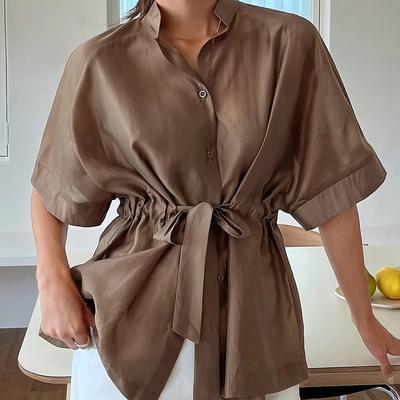 TEMU Women' Gray Casual Short Sleeve Shirt With Belted Waist - Stand Collar, Button-up, Loose Fit For Spring/summer, Business , Ladies Shirts Image