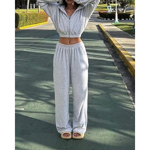 Damen Trainingsanzug Jogginghose Hose mit weitem Bein Reißverschlusstasche Einfarbig Kombination Herbst Schwarz Rosa Fitnessstudio Athlässigkeit Laufen Thermowarm Winddicht Langarm Sport Sportkleidung Image