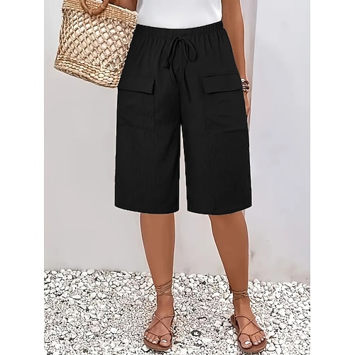 Damen Bermudashorts Shorts Sommershorts Strandshorts Urlaub Mode Lässig Knielang Hohe Taille Einfach Kordelzug Tasche Komfort Weich Atmungsaktiv Mikroelastisch Strand Reise Ferien Schwarz Orange Grün Image