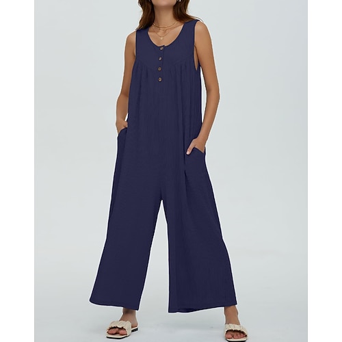 Damen Normal Overall Streetwear Einfarbig Ärmellos U-Ausschnitt Knöpfe Tasche Straße Täglich Normale Passform Schwarz Marineblau Blau Sommer Image