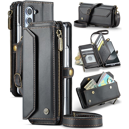 Handy Hülle Handyhüllen Für Samsung Galaxy Z Fold 7 Z Fold 6 Z Fold 5 Z Fold 4 Z Fold 3 Brieftaschenhülle mit Trageriemen Mit Handgelenkschlaufe Ständer TPU PU-Leder Image