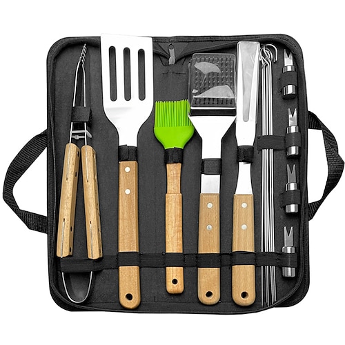 Camping-Grillbesteck-Set mit Gabel, Spatel, Zange und Holzgriff, Grillzubehör aus Edelstahl, tragbare Tragetasche für Camping im Freien, Picknick, Heckklappe Image