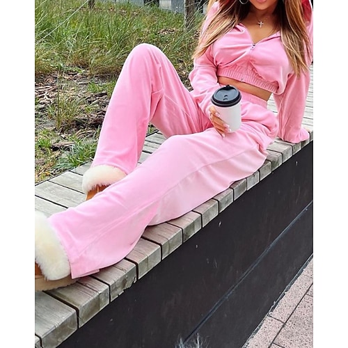 Damen Trainingsanzug Jogginghose Hose mit weitem Bein Capri Reißverschlusstasche Einfarbig Kombination Herbst Schwarz Weiß Fitnessstudio Athlässigkeit Laufen Thermowarm Winddicht Langarm Sport Image