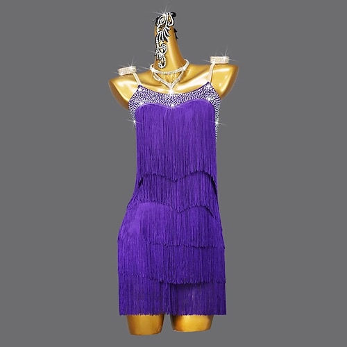 Lateinamerikanischer Tanz Kleid Kristall / Strass Quaste Unifarbe Damen Leistung Training Ärmellos Spandex Image