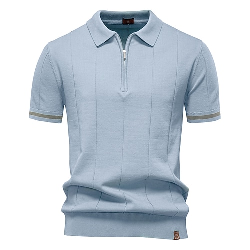 Herren Männlich Einfarbig Vertikale Streifen Polo Strick-Polopullover Kurzarm Umlegekragen Polokragen Viertelreißverschluss Modern Formell Arbeit Sport Outdoor Reißverschluss Frühling Weinrot