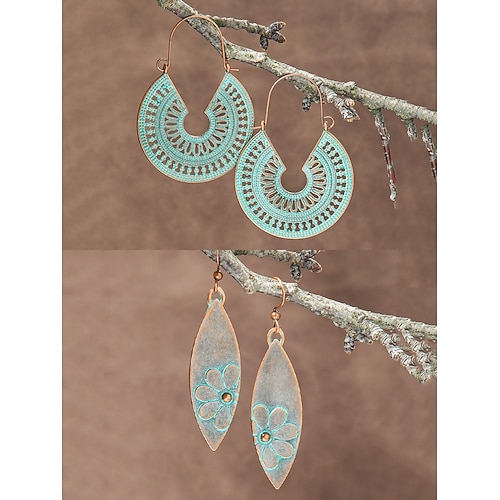 Boho-Vintage-Set mit türkisfarbenen Ohrhängern für Damen – leichte Ohrhänger im Vintage-Tribal-Stil mit antikem Bronze-Finish für legere Urlaubsausflüge und als Geschenk Image