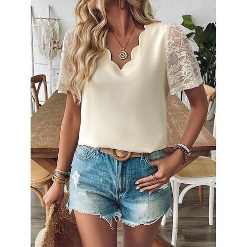 Damen Oberteil mit Spitzenspleiß Einfach Mode Modern Lässig Kurzarm V Ausschnitt Normale Oberteile Täglich Wochenende Spitze Patchwork Beige Sommer Frühling