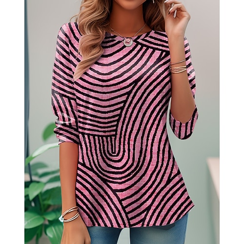 Frauen T-Shirt Langarm Rundhals Langarm Tunika Grafik Geometrisch Elegant Vintage Stilvoll Rundhals Regelmäßige Oberteile Täglicher Druck Pink Blau Lila Grün Khaki Vorherbst Image