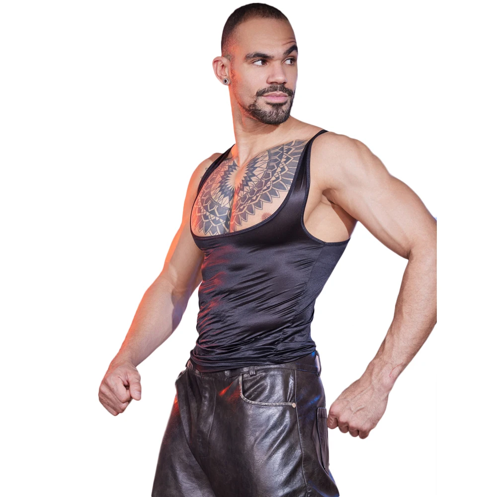 Sexy Männer Big U Neck Dünne Tank Tops Shaper Tragen Strap Weste Sheer Durchsichtig Mode Top Elastische Atmungsaktive Ärmelloses Shirt