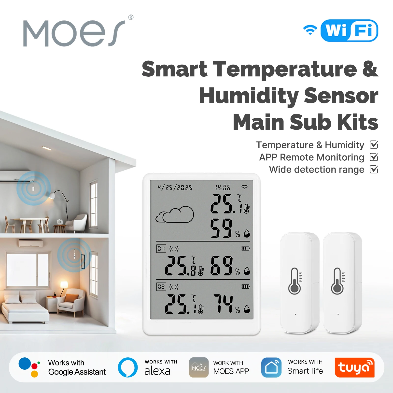 MOES Tuya WiFi + RF433 Smart Temperatur Feuchtigkeit Sensor Haupt Sub Kits APP Überwachung Mit Alexa Google Home LED Screen display Image